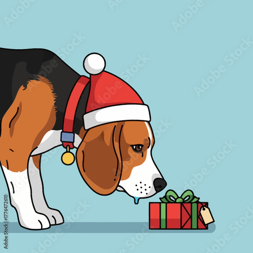 Adorable beagle dressed as Santa, eagerly awaiting Christmas gifts, a perfect holiday scene filled with joy and anticipation for festive season celebrations