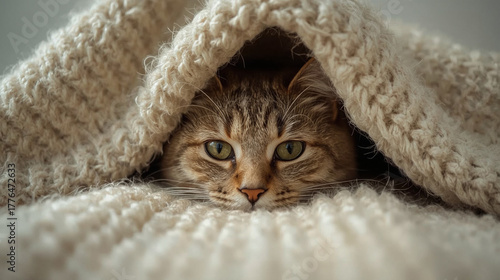 Scandinavian Cozy Winter — Cat Wrapped in Soft Neutral Knitted Blanket