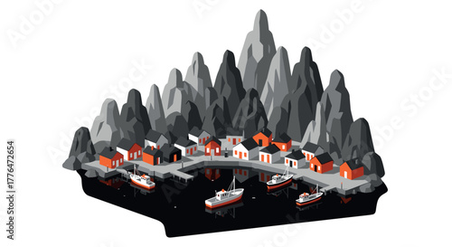 Isometric mountain village with boats in fjord landscape design