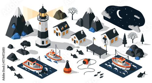 Nighttime lighthouse and coastal village in isometric art style