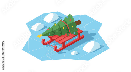 Isometric christmas tree on sled amid snowy ice floes for festive winter decor