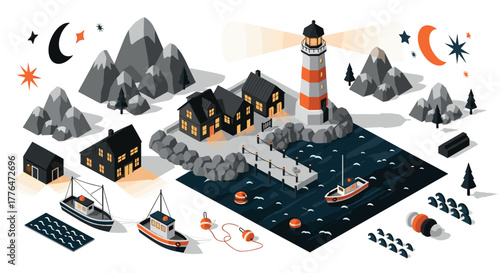 Coastal night scene with lighthouse and boats in isometric design