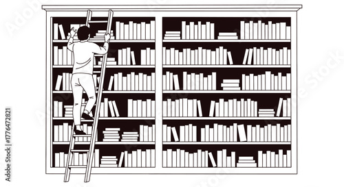 Illustration of person climbing ladder to reach books on bookshelf editable vector