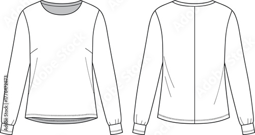 Flat sketch, long sleeve top, round neck, fashion design, technical drawing, garment construction, front back view, apparel template, vector illustration
