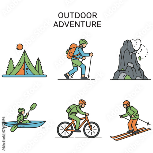 Illustrative depiction of various outdoor adventure activities, including hiking, kayaking, and skiing.