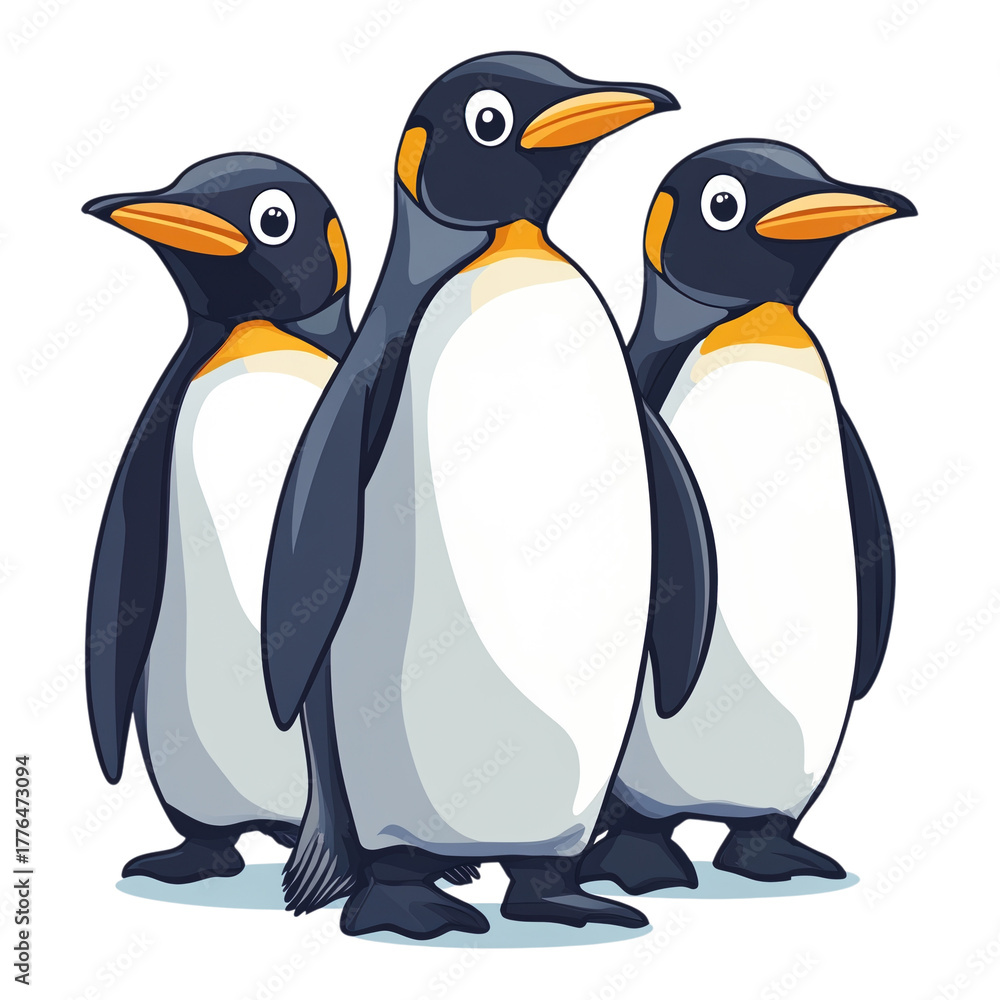 Fototapeta premium Three cheerful penguins standing together on transparent background