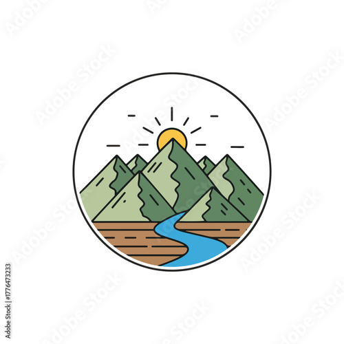 Illustration of a mountain range with a river flowing through a valley under a shining sun, all enclosed in a circle.
