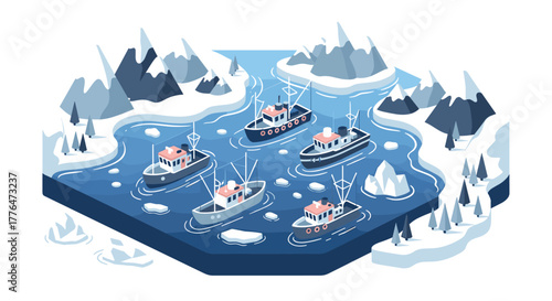 Isometric arctic landscape with fishing boats and icebergs