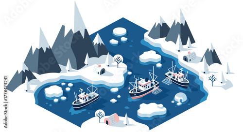Isometric arctic landscape with fishing boats and icebergs in a winter scene
