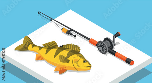 Colorful isometric fishing equipment and fish on geometric background