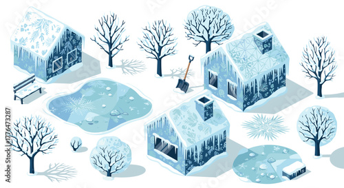 Winter village scene with snowcovered houses and frozen pond in isometric view