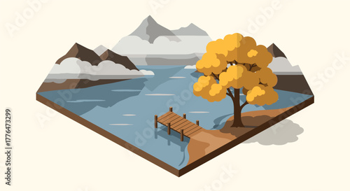 Tranquil isometric landscape with lake, mountains, and autumn tree