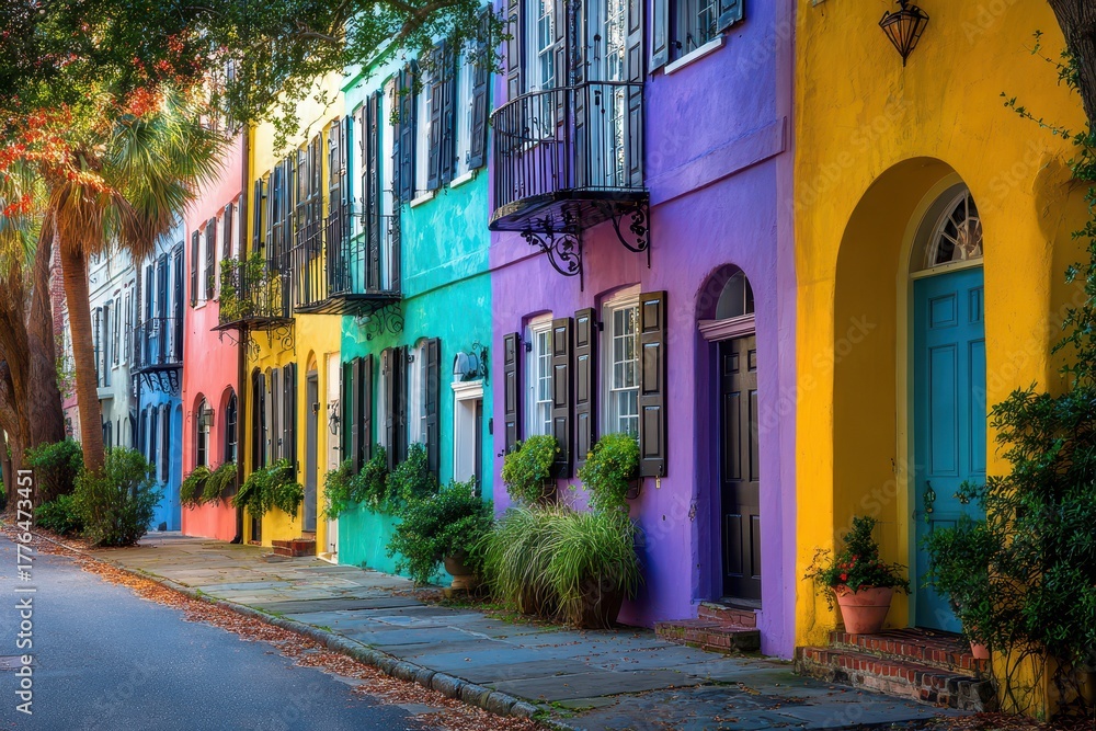 Obraz premium Charleston Rainbow Row. Historic Architecture in South Carolina Town