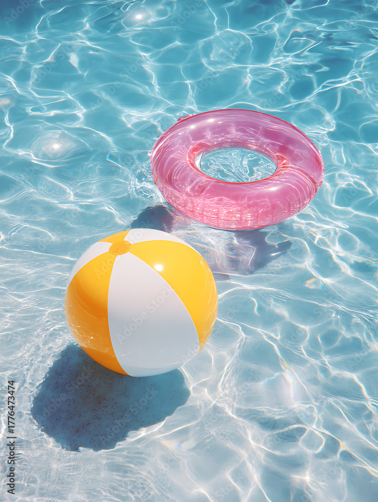 Obraz premium Sunlight shines on beach balls and pink floats in the pool
