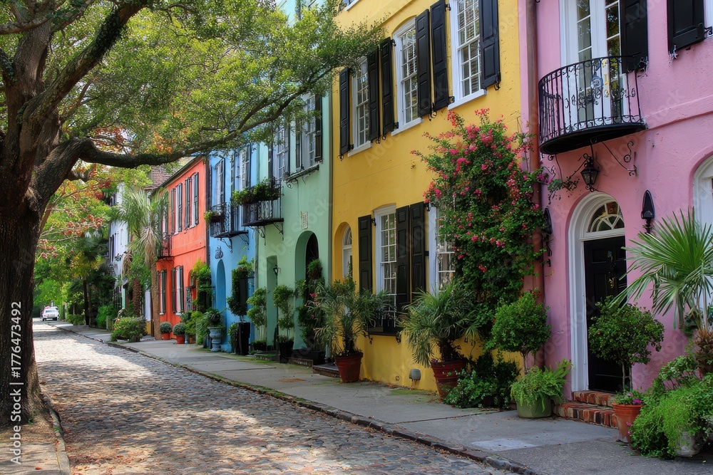 Fototapeta premium Charleston Rainbow Row. Historic Rainbow-Colored Homes in Charleston, South Carolina