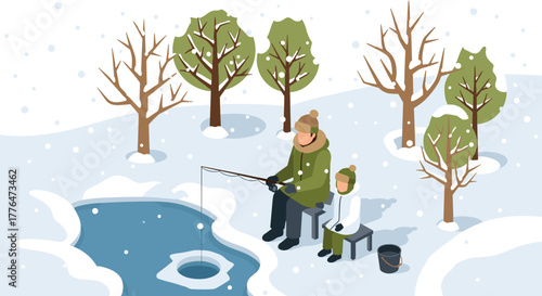 Father and child ice fishing in snowy winter landscape with bare trees