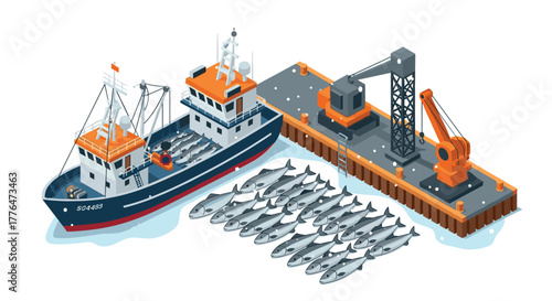 Isometric fishing industry concept with ship, dock, and equipment