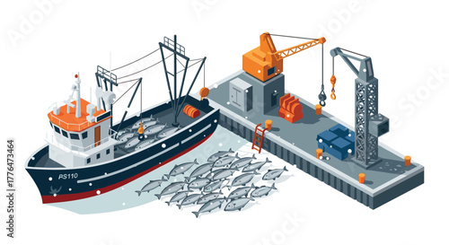 Isometric fishing boat with crane and tuna at harbor dock scene