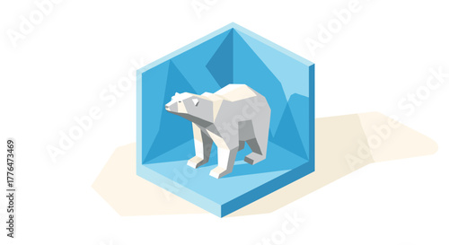 Isometric low poly polar bear in geometric arctic blue hexagon environment