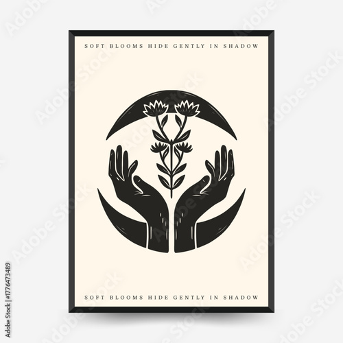 Abstract vector poster with stylized hands, blooming flower and circular frame in minimalist composition
