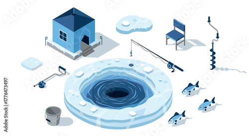 Isometric winter fishing scene with ice hut and gear in shades of blue