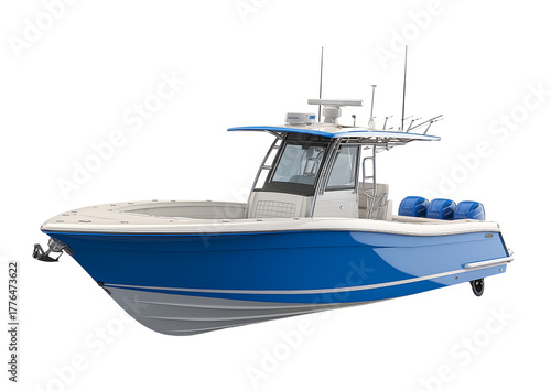High-Performance Center Console Boat with Triple Engines Rendered isolated on a transparent background