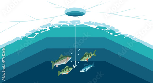 Ice fishing scene with fish in cold waters beneath frozen lake surface