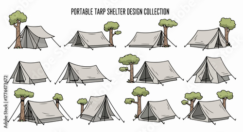 Portable tarp shelter collection in outdoor setting