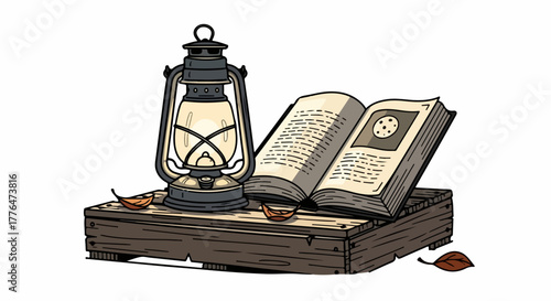 Lantern and open book on wooden crate
