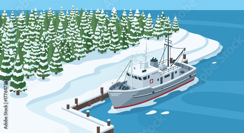 Snowy bay harbor winter forest and docked fishing boat in flat design