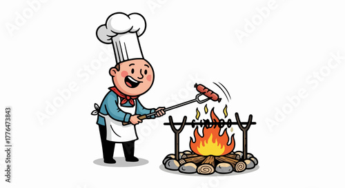 Chef grilling sausages over campfire for outdoor cooking