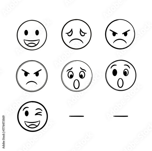 Collection of Hand-Drawn Black and White Emoji Faces Expressing Various Emotions.