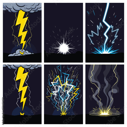 A series of six illustrations depicting different stylized lightning strikes against a dark background.