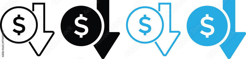 Fototapeta premium Cost reduction icon price lower arrow. Price Reduction sign. Save Money symbols. Cost Cutting Icons. Money Saving Graphic designs