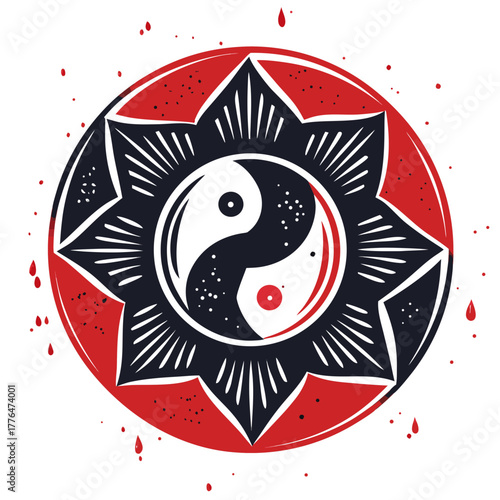 Yin Yang symbol with red and black floral design concept of icon  