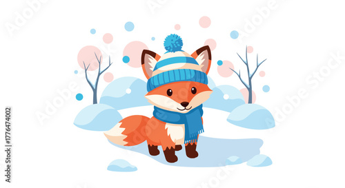 Cute winter fox wearing blue hat and scarf in snowy landscape