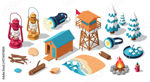 Coastal camping adventure in isometric style cabins, lanterns, fire pits, and nature elements