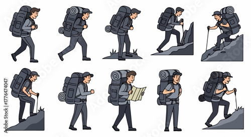 Hiker with backpack in various poses