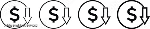 Cost reduction icon price lower arrow. Price Reduction sign. Save Money symbols. Cost Cutting Icons. Money Saving Graphic designs