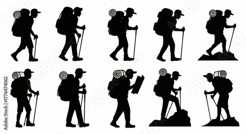 Hikers silhouettes in various poses with backpacks