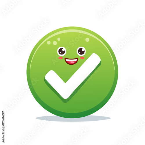 Adorable green checkmark icon with a happy face, perfect for indicating success, completion, or approval in a fun and engaging way on websites and apps