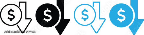 Cost reduction icon price lower arrow. Price Reduction sign. Save Money symbols. Cost Cutting Icons. Money Saving Graphic designs
