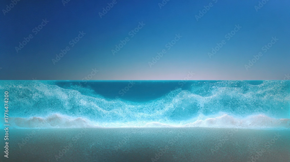 Fototapeta premium Photograph of a beautiful blue ocean with a clear sky in the background. the water is a deep turquoise color and the waves are crashing onto the shore.