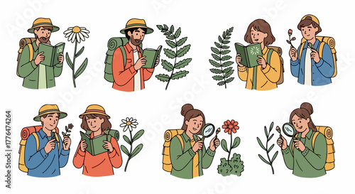 Botanists studying plants and flowers outdoors