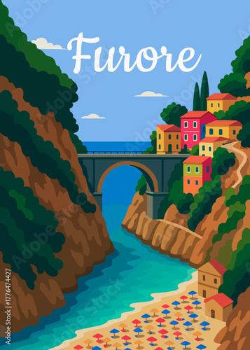 Illustrazione Vettoriale che raffigura una delle spiagge più iconiche costiera amalfitana, la spiaggia di Furore,  incastonata tra le rocce con il ponte in prospettiva