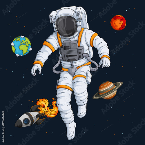 Hand drawn astronaut in spacesuit floating in outer space with a rocket and planets behind, detailed cosmonaut illustration.