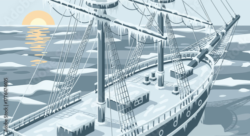 Vintage sailing ship covered in ice floats on a calm sea at sunrise