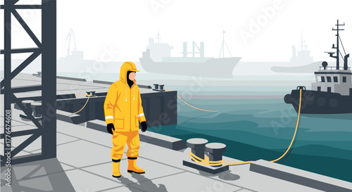 Maritime worker in protective gear on foggy dock with cargo ships