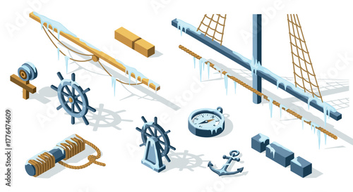 Nautical isometric icons with ice and snow elements for winter design