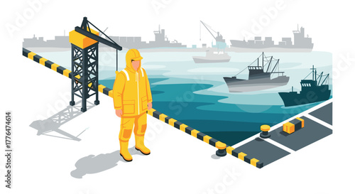 Isometric port scene with fisherman and boats on a misty morning